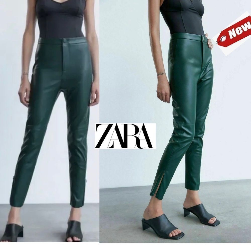 𝅺ZARA green faux leather hi-rise zipper hem leggings Sz XS NWT